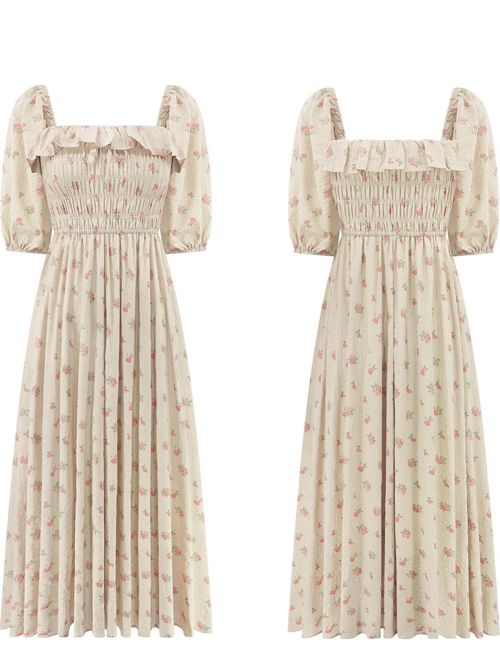 Smocked Puff-Sleeve Floral Maxi Dress - Cream with Pink Floral